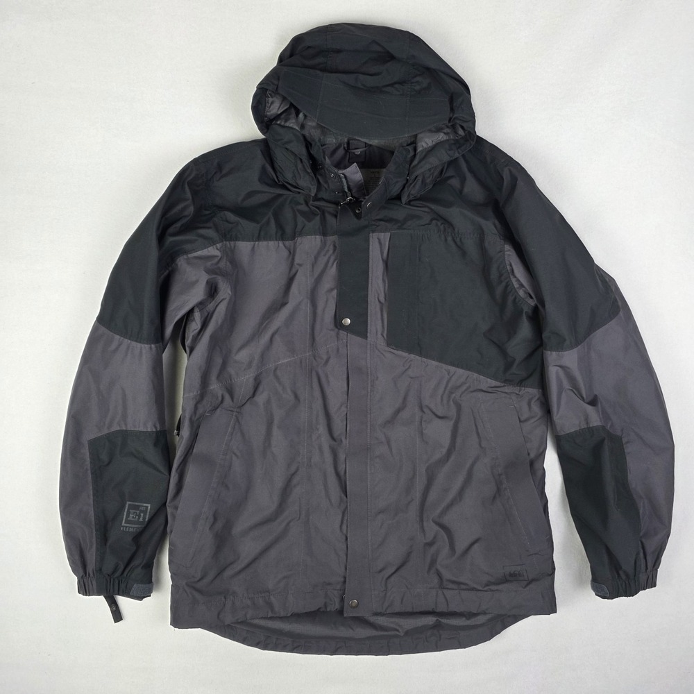 REI Elements Jacket Mens Large Black Gray Hooded Rain Waterproof Hiking Shell E1